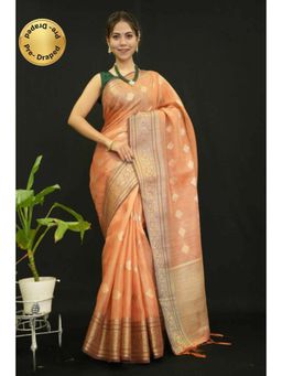 Isadora Life - Womens Woven Zari Orange Pre-Draped Saree With Unstitched Blouse