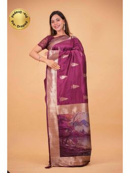Isadora Life - Womens Woven Zari Purple Pre-Draped Saree With Unstitched Blouse