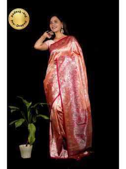 Isadora Life - Womens Woven Tassels Coral Pre-Draped Saree With Unstitched Blouse