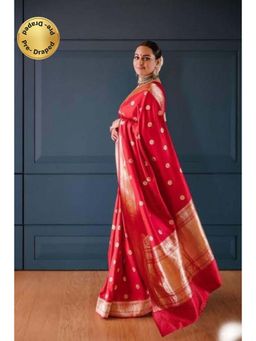 Isadora Life - Womens Woven Zari Red Pre-Draped Saree With Unstitched Blouse