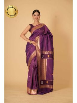 Isadora Life - Womens Woven Zari Purple Pre-Draped Saree With Unstitched Blouse