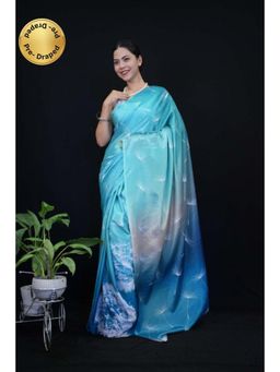 Isadora Life - Womens Printed Blue Pre-Draped Saree With Unstitched Blouse