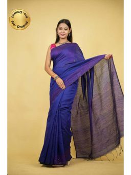 Isadora Life - Womens Sequined Thread Work Blue Pre-Draped Saree With Unstitched Blouse