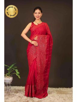 Isadora Life - Womens Embroidered Sequined Red Pre-Draped Saree With Unstitched Blouse