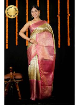 Isadora Life - Womens Woven Zari Yellow Pre-Draped Saree With Unstitched Blouse