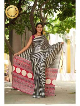 Isadora Life - Womens Printed Stripes Multi-Color Pre-Draped Saree With Unstitched Blouse