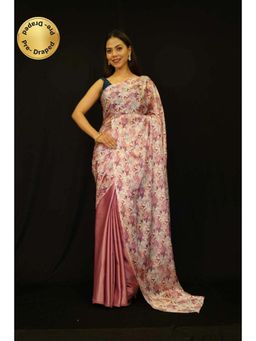 Isadora Life - Womens Floral Printed Pink Pre-Draped Saree With Unstitched Blouse
