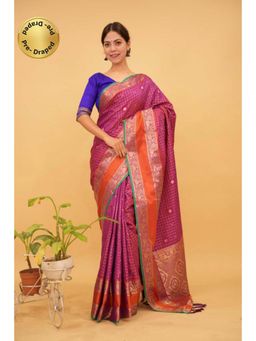 Isadora Life - Womens Checks Zari Pink Pre-Draped Saree With Unstitched Blouse