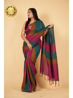 Isadora Life - Womens Stripes Tassels Multi-Color Pre-Draped Saree With Unstitched Blouse