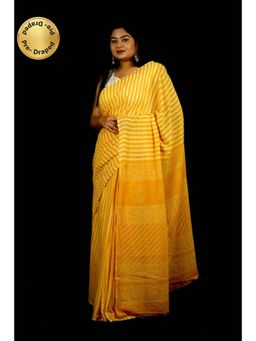 Isadora Life - Womens Printed Stripes Yellow Pre-Draped Saree With Unstitched Blouse