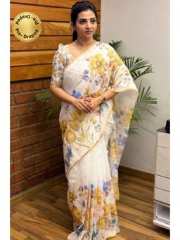 Isadora Life - Womens Floral Printed White Pre-Draped Saree With Unstitched Blouse