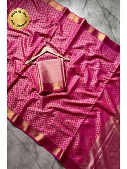 Isadora Life - Womens Woven Zari Pink Pre-Draped Saree With Unstitched Blouse