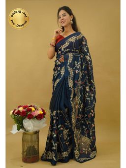 Isadora Life - Womens Embroidered Sequined Teal Pre-Draped Saree With Unstitched Blouse