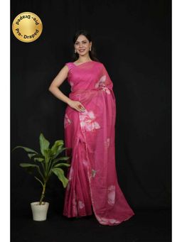 Isadora Life - Womens Floral Printed Pink Pre-Draped Saree With Unstitched Blouse