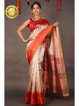 Isadora Life - Womens Woven Tassels Beige Pre-Draped Saree With Unstitched Blouse