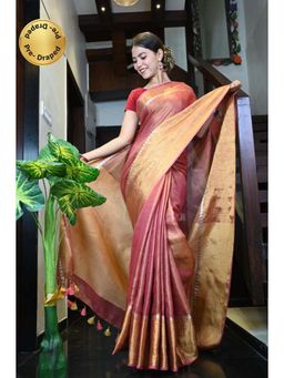 Isadora Life - Womens Woven Tassels Pink Pre-Draped Saree With Unstitched Blouse