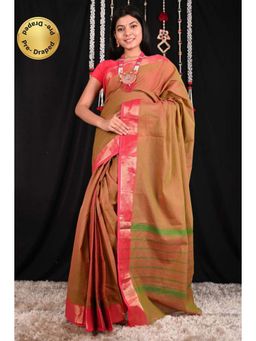 Isadora Life - Womens Woven Brown Pre-Draped Saree With Unstitched Blouse