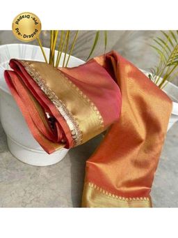 Isadora Life - Womens Woven Zari Rose Gold Pre-Draped Saree With Unstitched Blouse