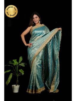 Isadora Life - Womens Woven Zari Blue Pre-Draped Saree With Unstitched Blouse