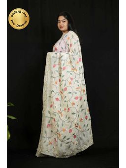 Isadora Life - Womens Embroidered Sequined White Pre-Draped Saree With Unstitched Blouse