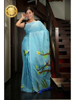 Isadora Life - Womens Printed Tassels Blue Pre-Draped Saree With Unstitched Blouse