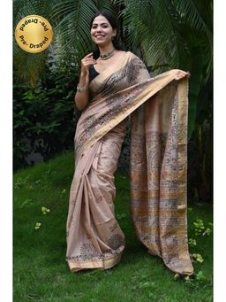 Isadora Life - Womens Printed Tassels Beige Pre-Draped Saree With Unstitched Blouse