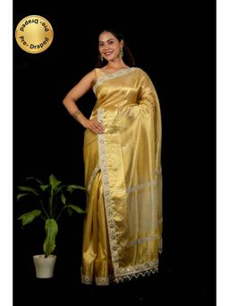 Isadora Life - Womens Woven Mirror Work Gold Pre-Draped Saree With Unstitched Blouse