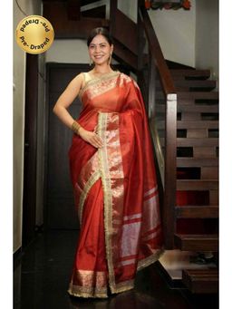 Isadora Life - Womens Woven Zari Red Pre-Draped Saree With Unstitched Blouse