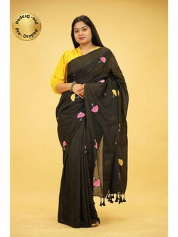 Isadora Life - Womens Embroidered Tassels Black Pre-Draped Saree With Unstitched Blouse