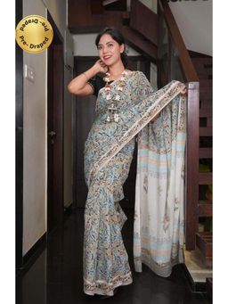 Isadora Life - Womens Printed Grey Pre-Draped Saree With Unstitched Blouse