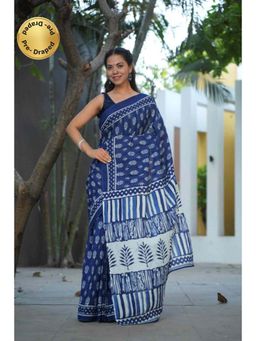 Isadora Life - Womens Printed Blue Pre-Draped Saree With Unstitched Blouse