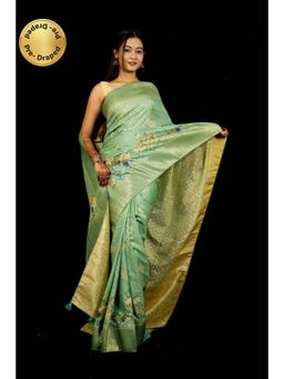Isadora Life - Womens Printed Green Pre-Draped Saree With Unstitched Blouse