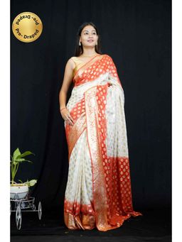Isadora Life - Womens Zari Printed White Pre-Draped Saree With Unstitched Blouse