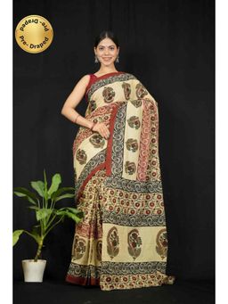Isadora Life - Womens Printed Beige Pre-Draped Saree With Unstitched Blouse