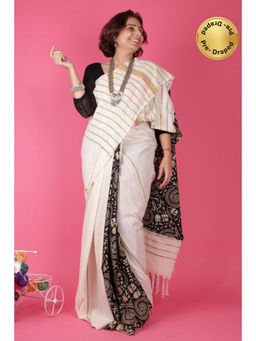 Isadora Life - Womens Printed Stripes White Pre-Draped Saree With Unstitched Blouse