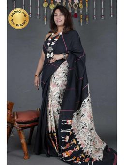 Isadora Life - Womens Printed Black Pre-Draped Saree With Unstitched Blouse