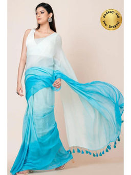 Isadora Life - Womens Ombre Printed Blue Pre-Draped Saree With Unstitched Blouse