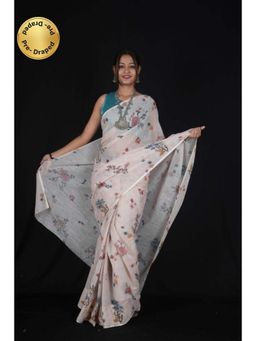 Isadora Life - Womens Floral Printed Off White Pre-Draped Saree With Unstitched Blouse