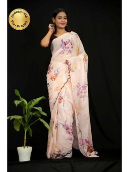 Isadora Life - Womens Floral Mirror Work Peach Pre-Draped Saree With Unstitched Blouse