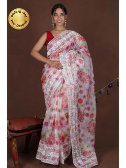 Isadora Life - Womens Floral Embroidered White Pre-Draped Saree With Unstitched Blouse