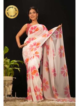 Isadora Life - Womens Floral Printed White Pre-Draped Saree With Unstitched Blouse