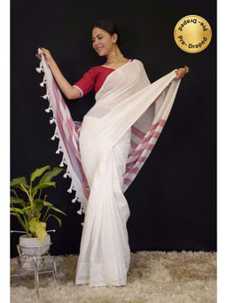Isadora Life - Womens Stripes Tassels White Pre-Draped Saree With Unstitched Blouse