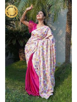 Isadora Life - Womens Floral Printed White Pre-Draped Saree With Unstitched Blouse