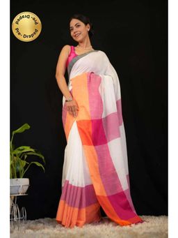 Isadora Life - Womens Colorblock Tassels White Pre-Draped Saree With Unstitched Blouse