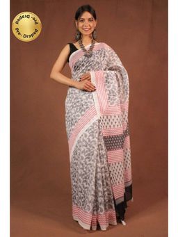 Isadora Life - Womens Printed Tassels Off White Pre-Draped Saree With Unstitched Blouse