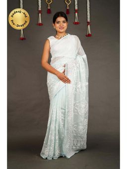 Isadora Life - Womens Embroidered Chikankari Blue Pre-Draped Saree With Unstitched Blouse