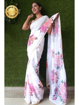 Isadora Life - Womens Floral Printed White Pre-Draped Saree With Unstitched Blouse