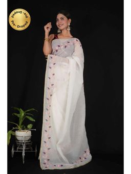 Isadora Life - Womens Embroidered Thread Work White Pre-Draped Saree With Unstitched Blouse