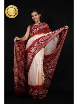 Isadora Life - Womens Printed Tassels Beige Pre-Draped Saree With Unstitched Blouse