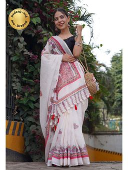 Isadora Life - Womens Printed Tassels White Pre-Draped Saree With Unstitched Blouse